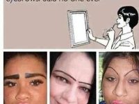 Three images of people with comically drawn-on eyebrows.