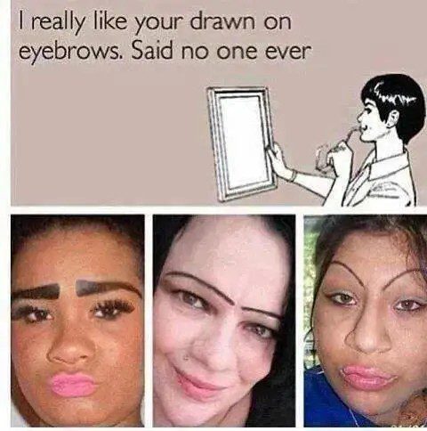 Three images of people with comically drawn-on eyebrows.