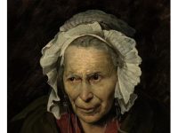 Painting of an old woman with a humorous caption about facial expressions.