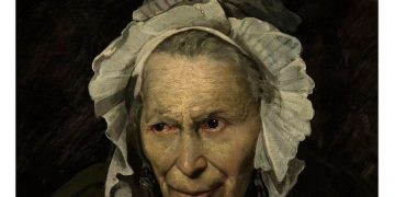 Painting of an old woman with a humorous caption about facial expressions.