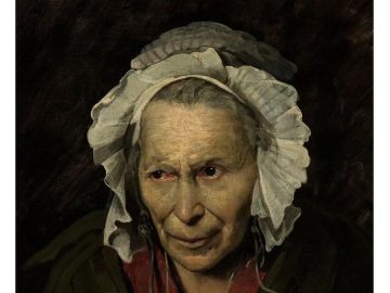 Painting of an old woman with a humorous caption about facial expressions.