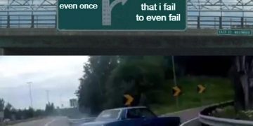 Meme of a car taking the wrong highway exit toward failure.