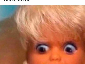 Doll with wide eyes captioned "Me, cuz I can't fake it when the vibes are off"