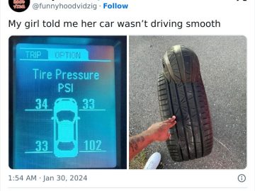 Car tire pressure display with one tire at 102 PSI and a distorted tire.