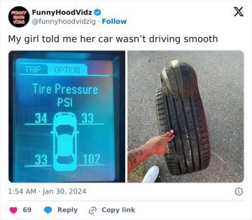 Car tire pressure display with one tire at 102 PSI and a distorted tire.