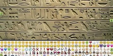 Comparison of ancient hieroglyphics with modern emojis illustrating similar communication.