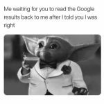 Baby Alien in tuxedo holding drink, waiting for Google results.