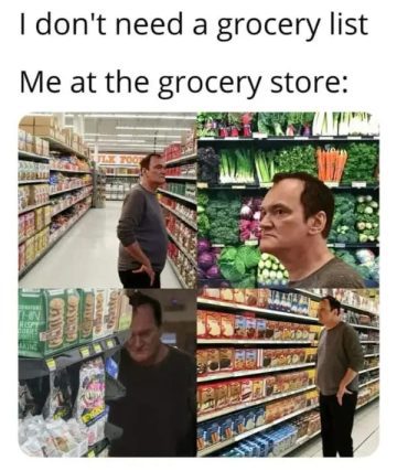 Person looking confused in grocery store without a list.