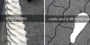 Tall ice cream cone dropped on the ground in epic fail.