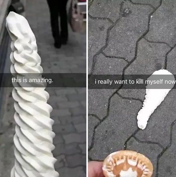 Tall ice cream cone dropped on the ground in epic fail.