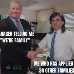 Manager telling employee "We're family" with employee looking disinterested