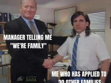 Manager telling employee "We're family" with employee looking disinterested