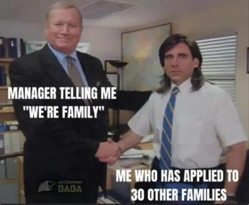 Manager telling employee "We're family" with employee looking disinterested