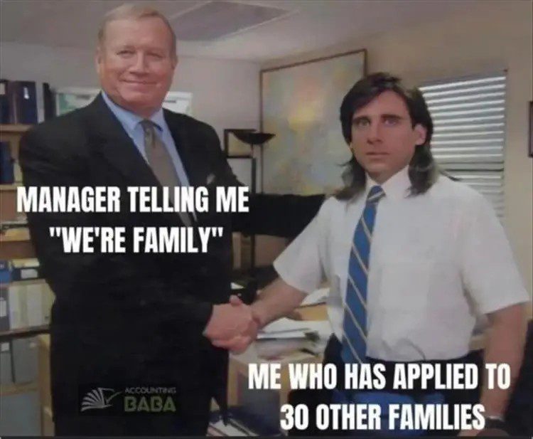 Manager telling employee "We're family" with employee looking disinterested