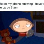 Cartoon character in bed, scrolling phone late at night with regretful look.