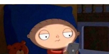 Cartoon character in bed, scrolling phone late at night with regretful look.