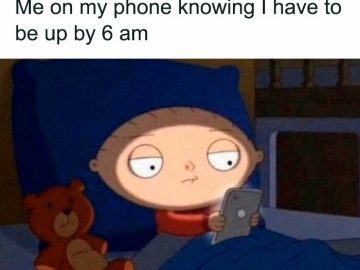 Cartoon character in bed, scrolling phone late at night with regretful look.