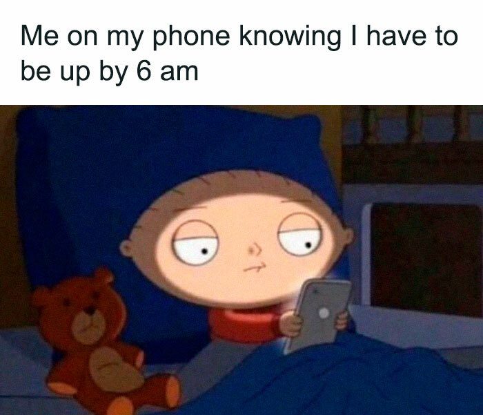 Cartoon character in bed, scrolling phone late at night with regretful look.