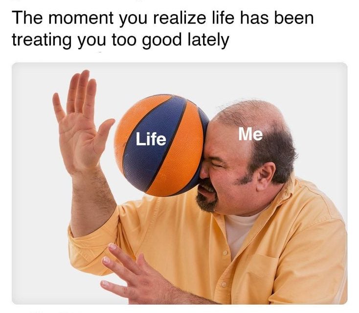 Man getting hit by a basketball labeled "Life" representing a life shock.