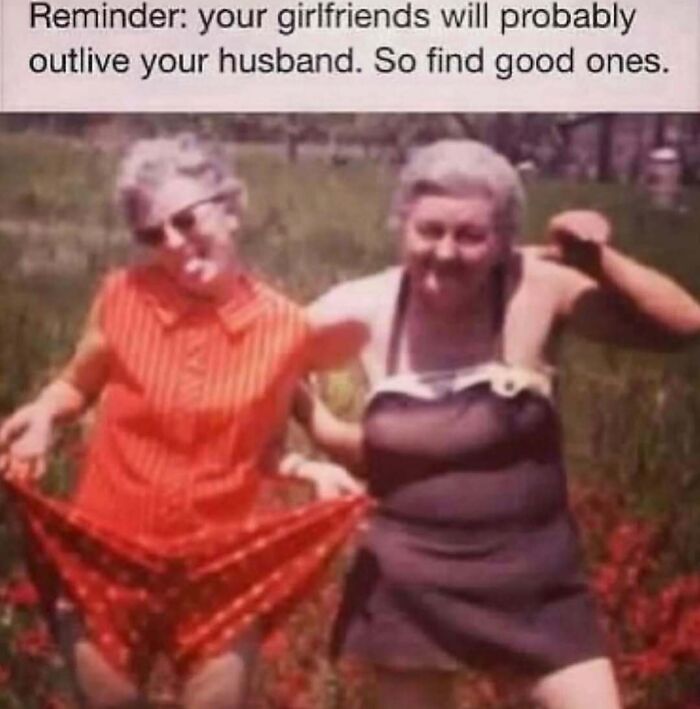 Two older women having fun, joking about outliving husbands.