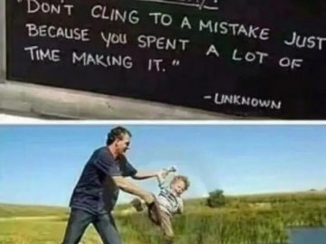 Man playfully tossing kid near pond with funny mistake quote above.