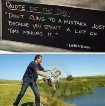 Man playfully tossing kid near pond with funny mistake quote above.