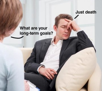 Man on couch saying "Just death" to therapist asking long-term goals.