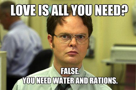Dwight Schrute declares water and rations are essential over love.