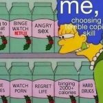 Cartoon character choosing between various unhealthy coping mechanisms.