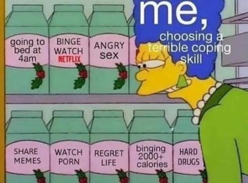 Cartoon character choosing between various unhealthy coping mechanisms.