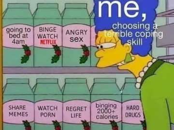 Cartoon character choosing between various unhealthy coping mechanisms.