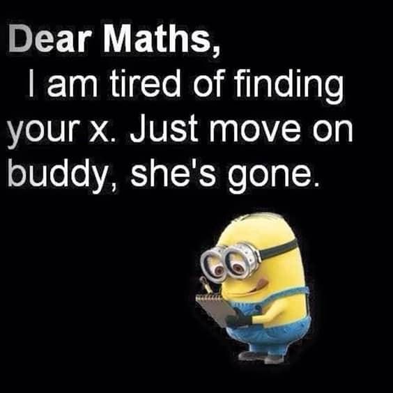 Cartoon minion with clipboard jokes about finding x in math.