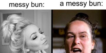 Meme comparing glamorous and realistic messy bun looks.