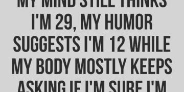 Funny meme about aging with mind, humor, and body contradictions.