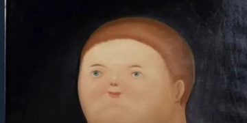 Child laughing at funny painting in museum for six minutes.