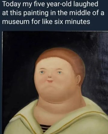 Child laughing at funny painting in museum for six minutes.