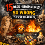 15 dark humor memes collage with grim reaper, clown, flames, and edgy joke text