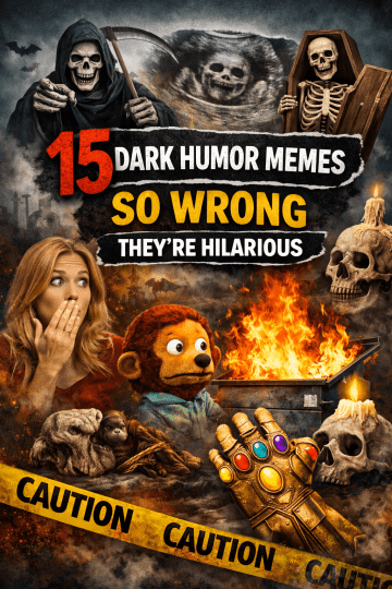 15 dark humor memes collage with grim reaper, clown, flames, and edgy joke text