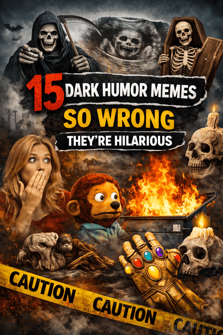 15 dark humor memes collage with grim reaper, clown, flames, and edgy joke text