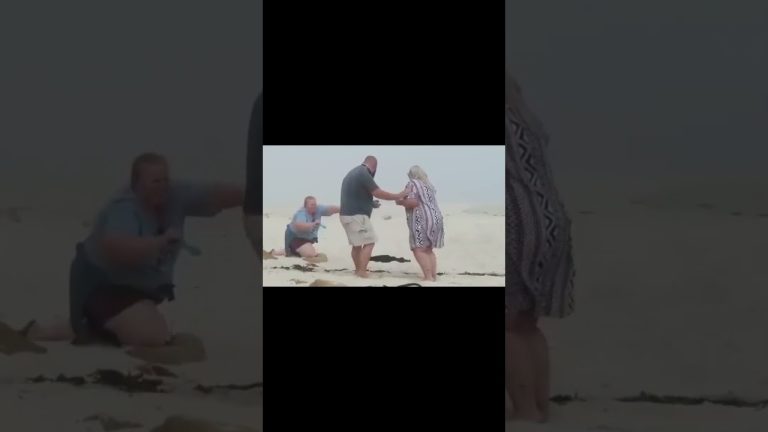 Thumbnail for a funny beach proposal video showing a romantic moment turning into sudden chaos and an awkward fail
