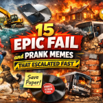 Chaotic featured image for Epic Fail and Prank Memes showing funny disasters, a bus crash, a sawed phone, and prank-style mishaps