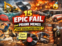 Chaotic featured image for Epic Fail and Prank Memes showing funny disasters, a bus crash, a sawed phone, and prank-style mishaps