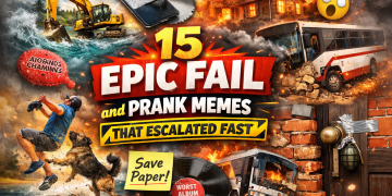 Chaotic featured image for Epic Fail and Prank Memes showing funny disasters, a bus crash, a sawed phone, and prank-style mishaps