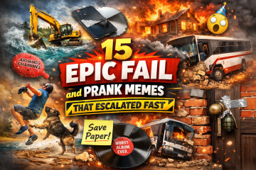 Chaotic featured image for Epic Fail and Prank Memes showing funny disasters, a bus crash, a sawed phone, and prank-style mishaps