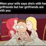 Cartoon guy looks awkward as wife's girlfriends are with him.