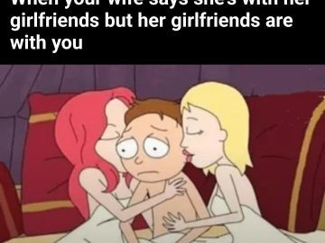 Cartoon guy looks awkward as wife's girlfriends are with him.