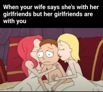 Cartoon guy looks awkward as wife's girlfriends are with him.