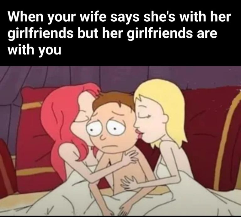 Cartoon guy looks awkward as wife's girlfriends are with him.