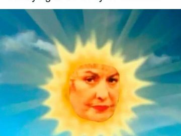 Grumpy sun face in a cheerful sky with "Me trying to be a ray of sunshine."