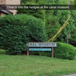 Overgrown hedge covers part of the canal museum sign, creating funny wordplay.